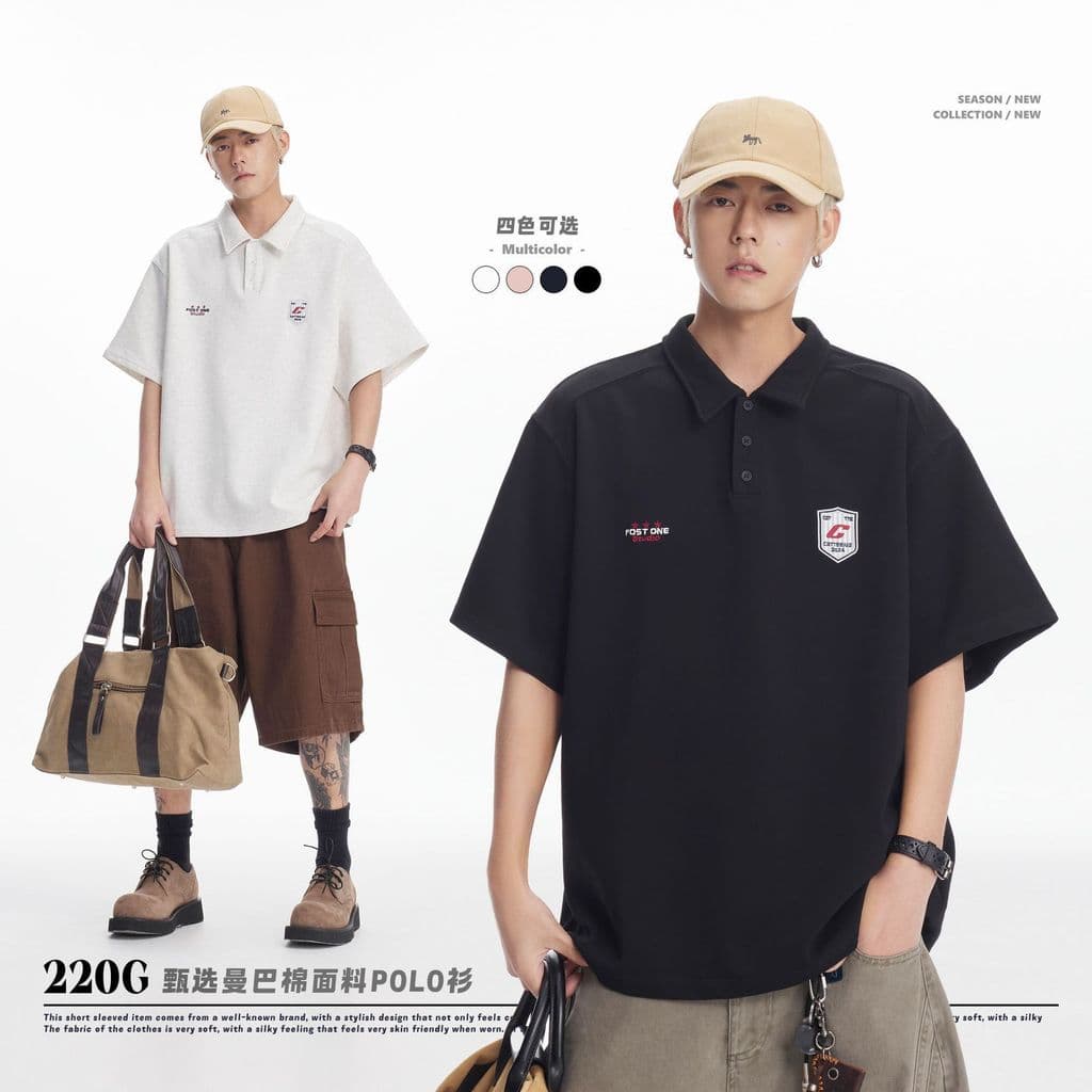 2025 novo estilo masculino americano Retro cor sólida pulôver camisa POLO masculino pesado 220g na moda solto de manga c