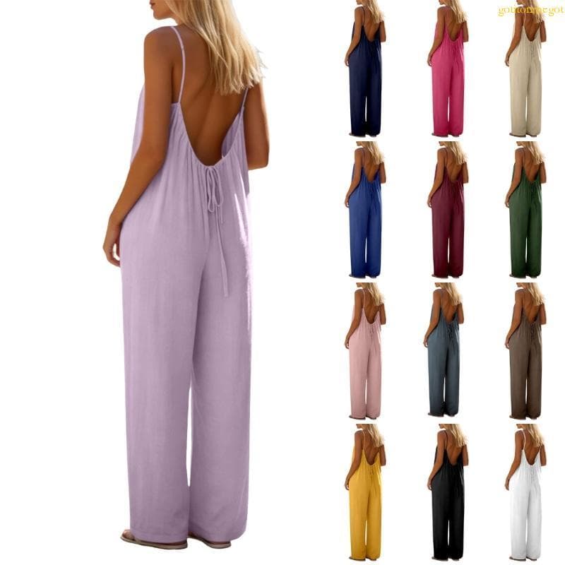 gotitonmegot Macacão Feminino Férias Verão Bolsos, Mangas, Nuas, Alça Espaguete, Ajuste Solto,