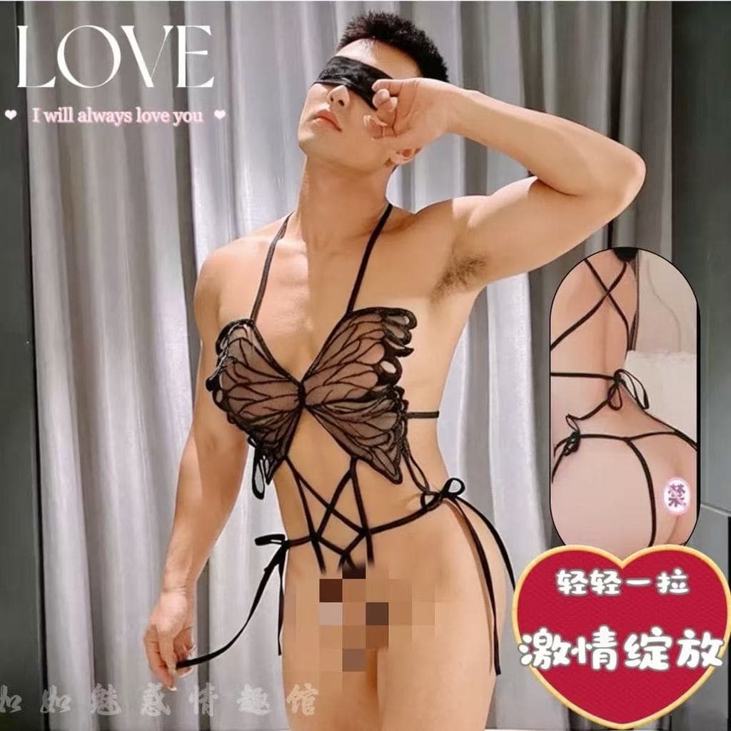 2026 novo estilo masculino tamanho grande borboleta elástica rendas roupa interior de uma peça estimulação aberta puro d