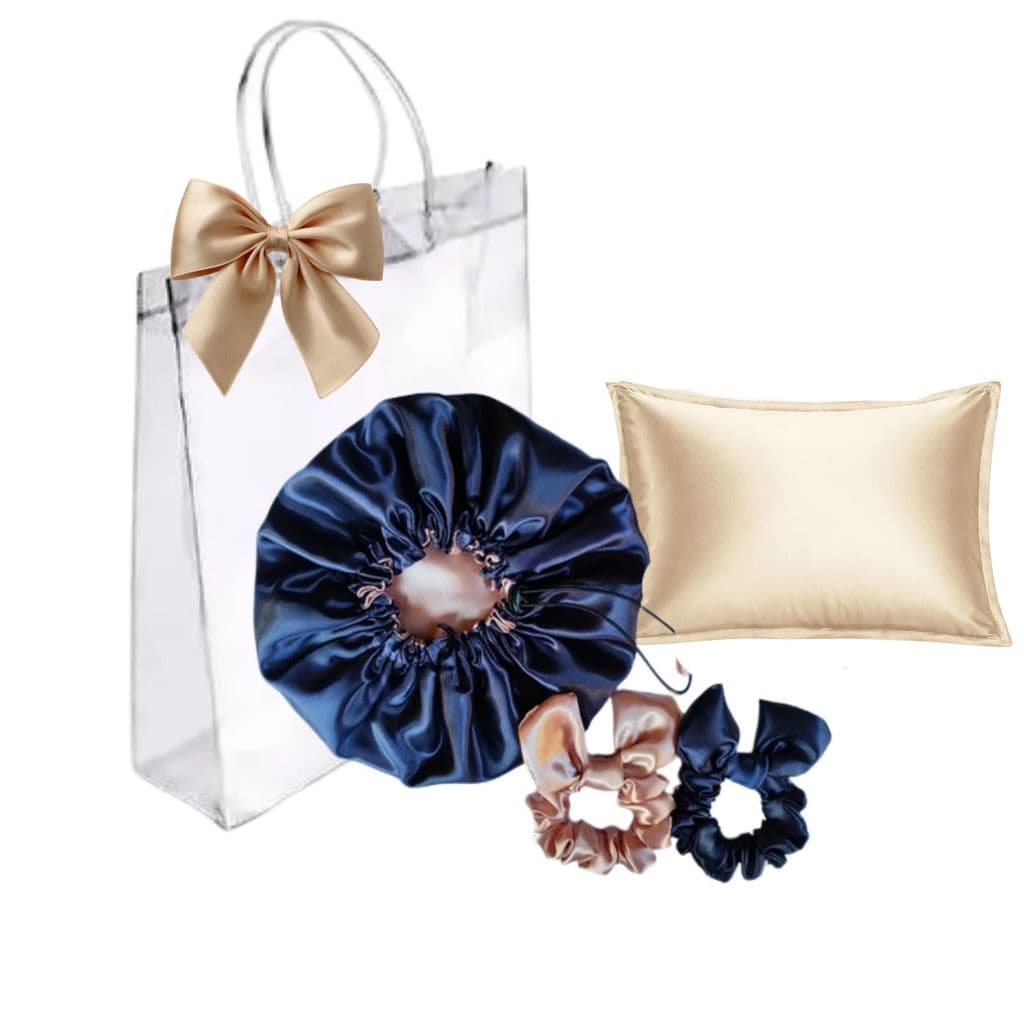 Kit Touca Cetim Antifrizz ,1 Fronha  2 Scrunchies Marinho