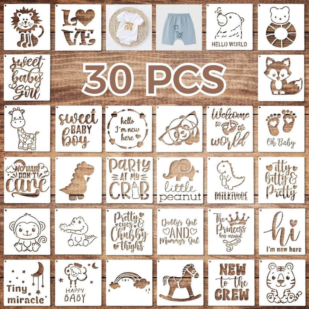 Varku 30 PCS Estênceis para Chá de Bebê em PET para Macacão, Kit Decorativo para Bebê, Estênceis de Tecido para Camiseta