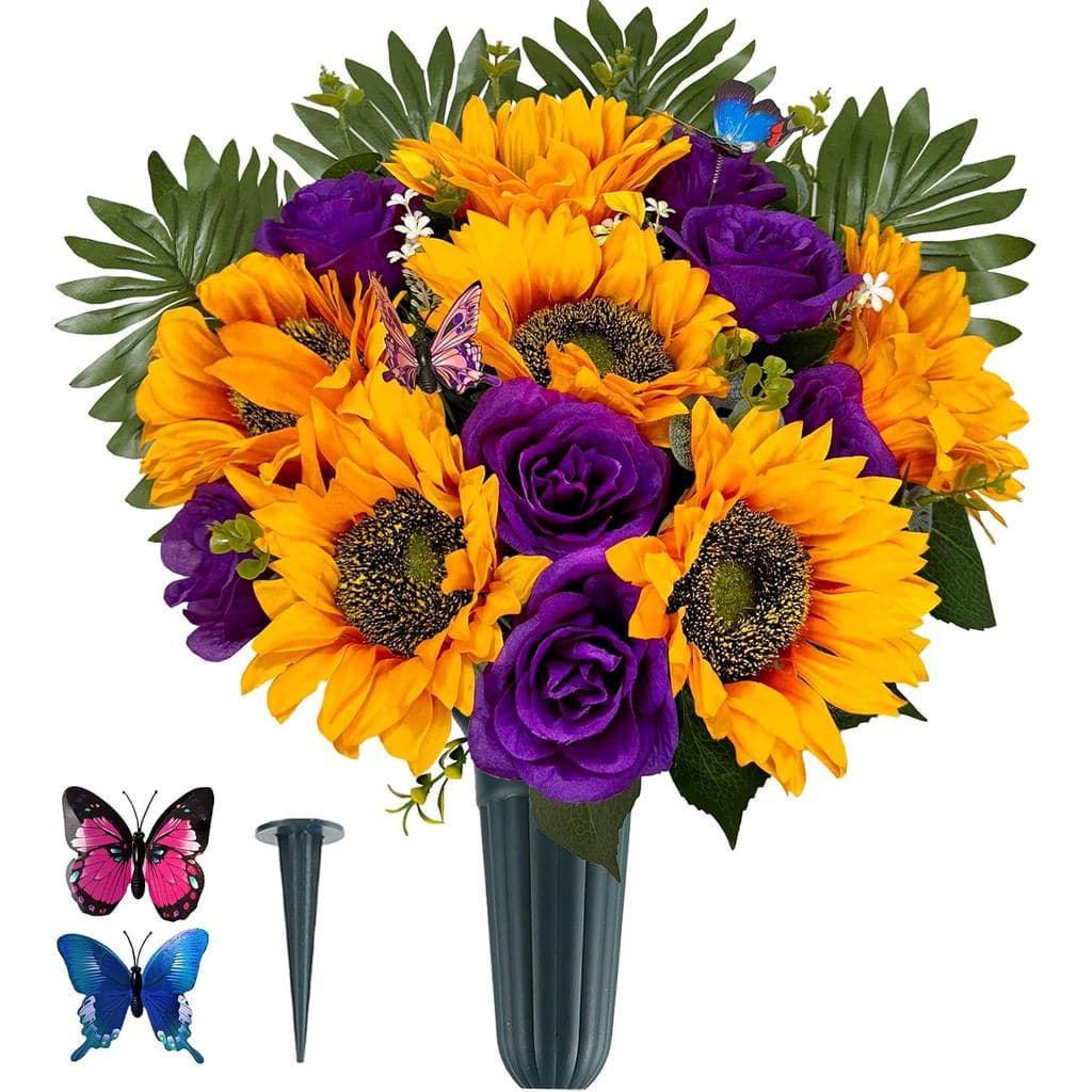 Flores de Cemitério SUHOOKOO com Vaso para Decoração de Túmulos, Flor de Seda Girassol Rosa para Lápide, Flor para Túmul