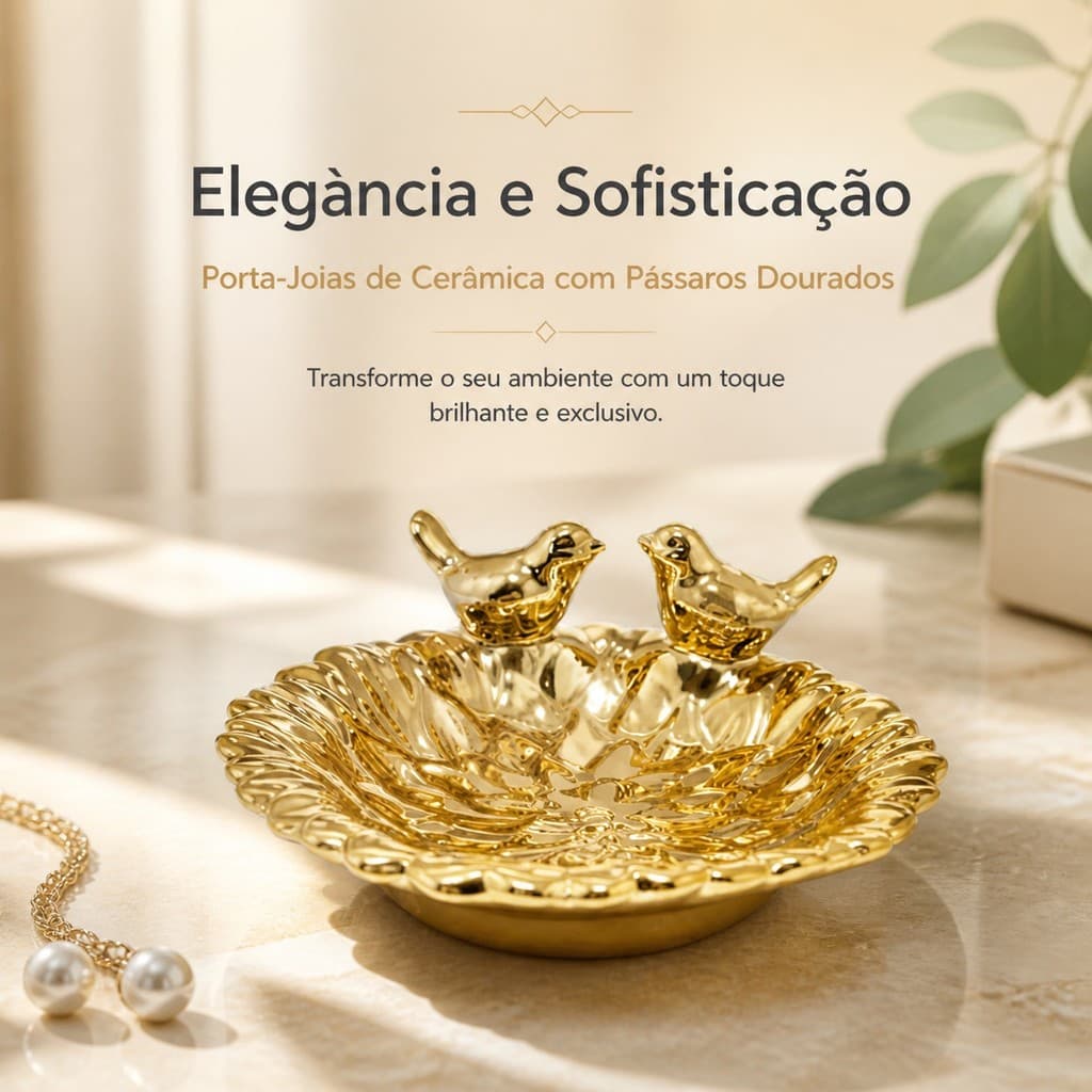 Porta Joias De Cerâmica Bandeja Decorativa Pássaros Dourado
