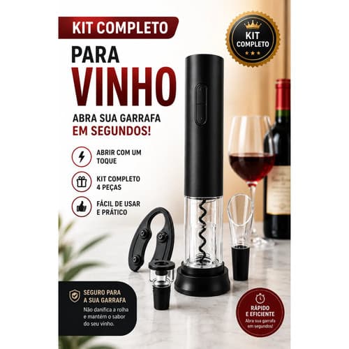 Abridor Elétrico de Vinho Kit 4 Peças Saca-Rolhas Automático a Pilhas Preto para Garrafas Bar Cozinha Presente