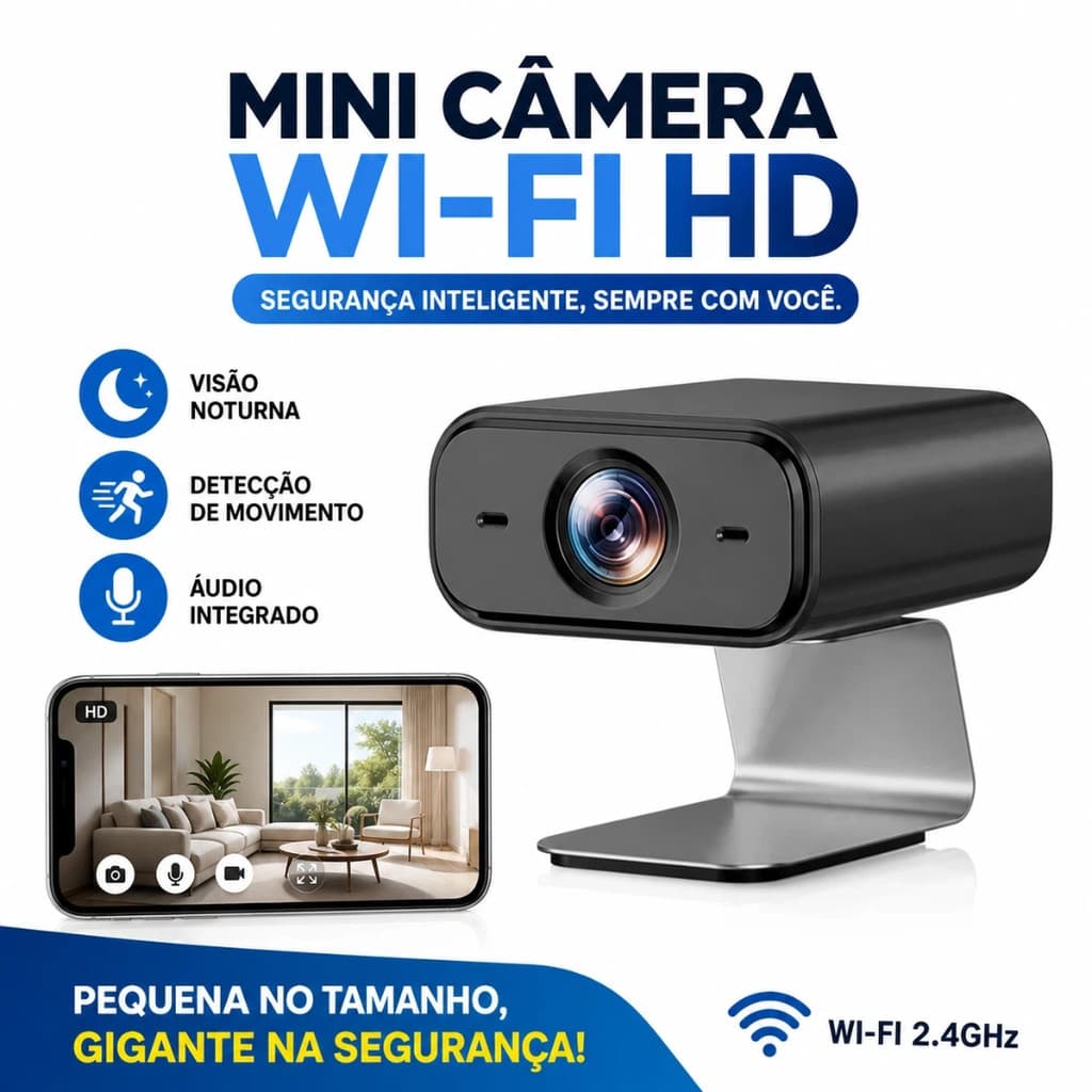 Mini Câmera de Segurança Wi-Fi HD com Visão Noturna, Áudio e Detecção de Movimento