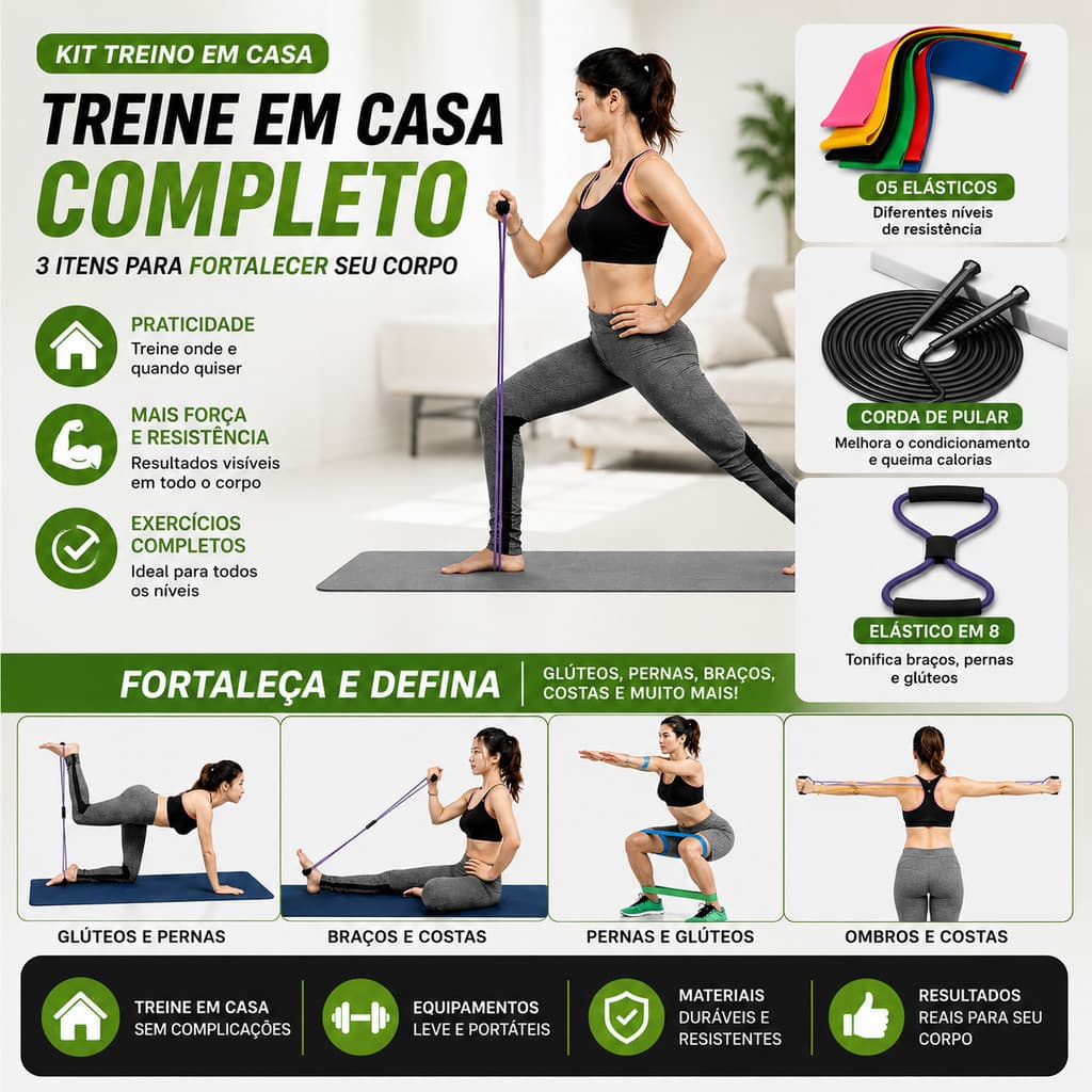 Kit Treino em Casa Completo Elástico Fitness Corda de Pular Kit com 5 Faixas