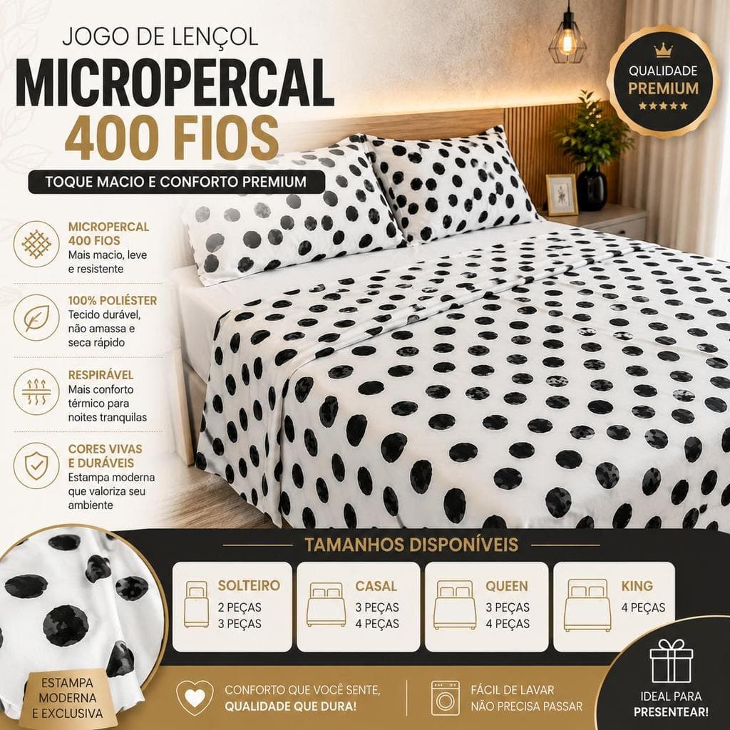 Jogo de Lençol Casal Micropercal 400 Fios - Solteiro ao King -2, 3 e 4 Pçs com Elástico  Estampa Bolinhas