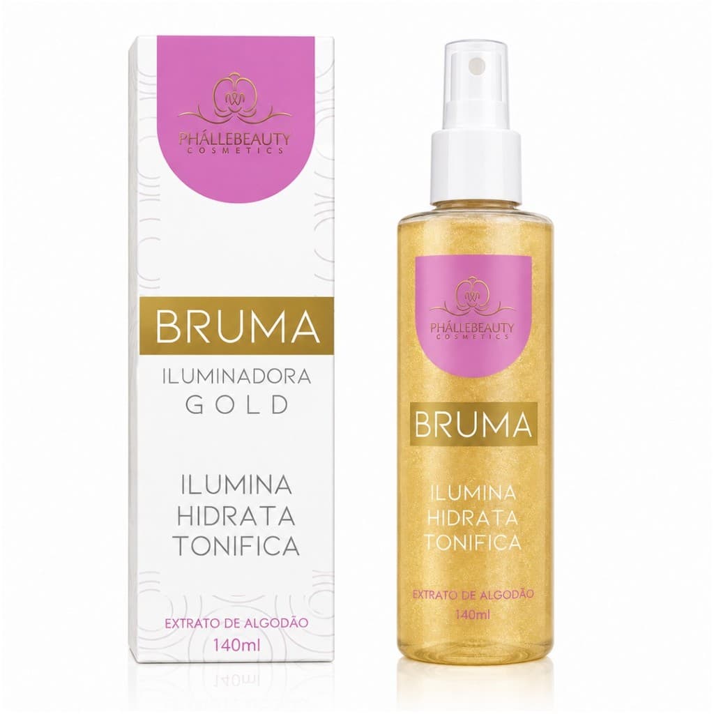 Bruma Iluminadora Gold PhalleBeauty 140ml Fixador de Maquiagem Efeito Glow Radiante