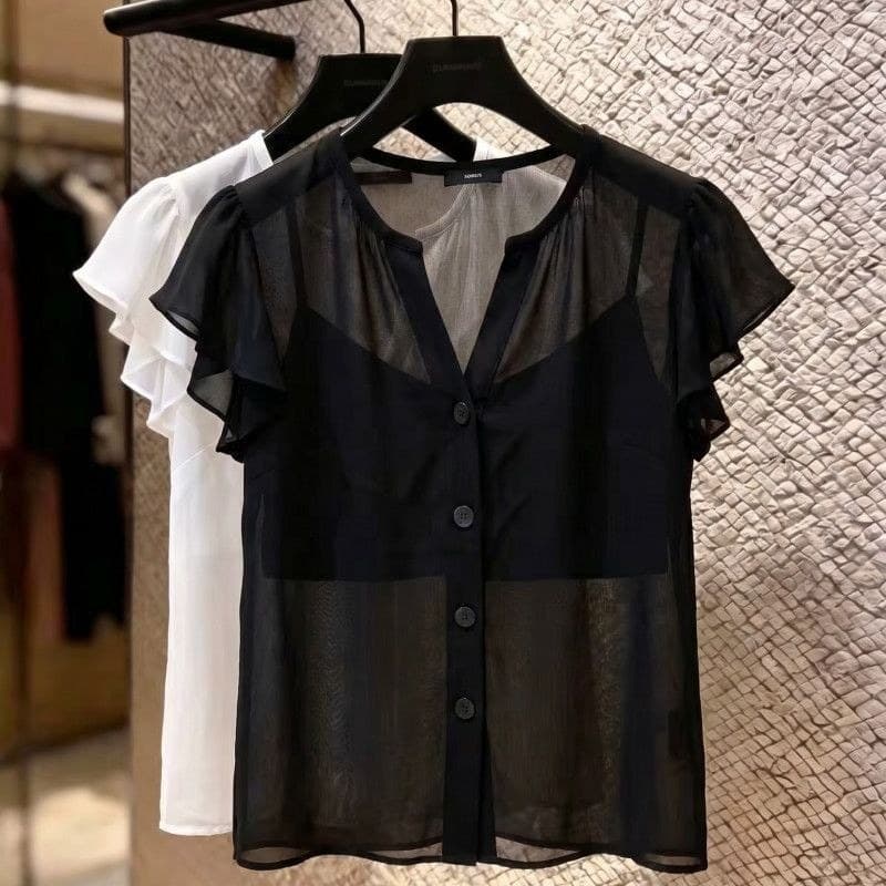 Francês luz estilo maduro preto tule manga curta topo feminino 2026 novo estilo babados único Breasted redução de idade
