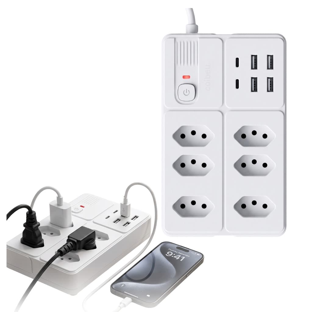 Tomada Extensão Filtro de Linha Bivolt 110-220V Proteção Contra Sobrecarga 6 Tomadas 4 USB-A e 2 USB-C Com Interruptor