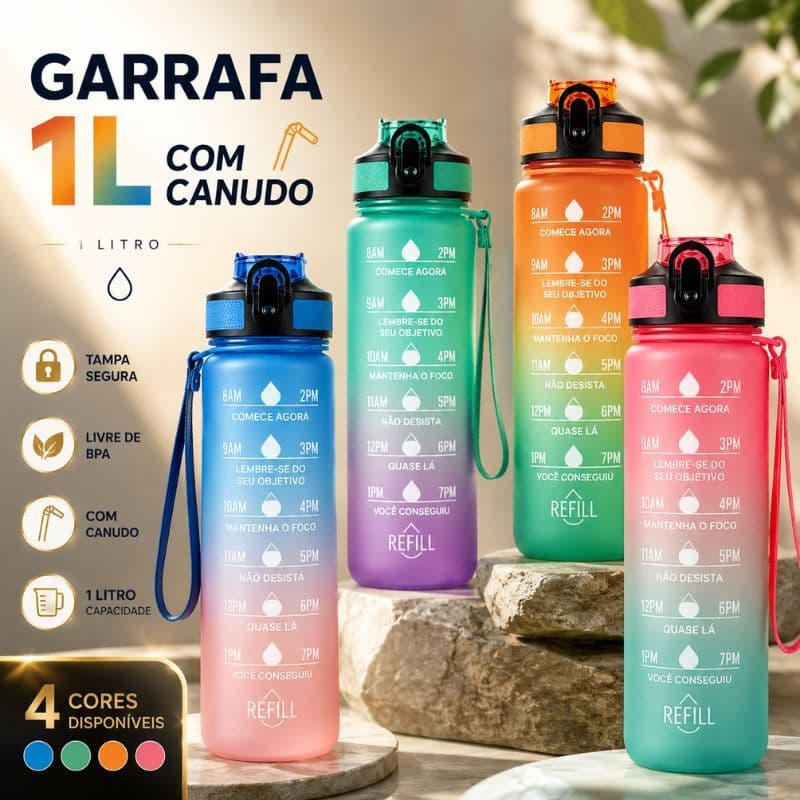 Garrafa Squeeze 1L Com Canudo Motivacional Academia Fitness Tie Dye Trava Alça Marcador de Horas