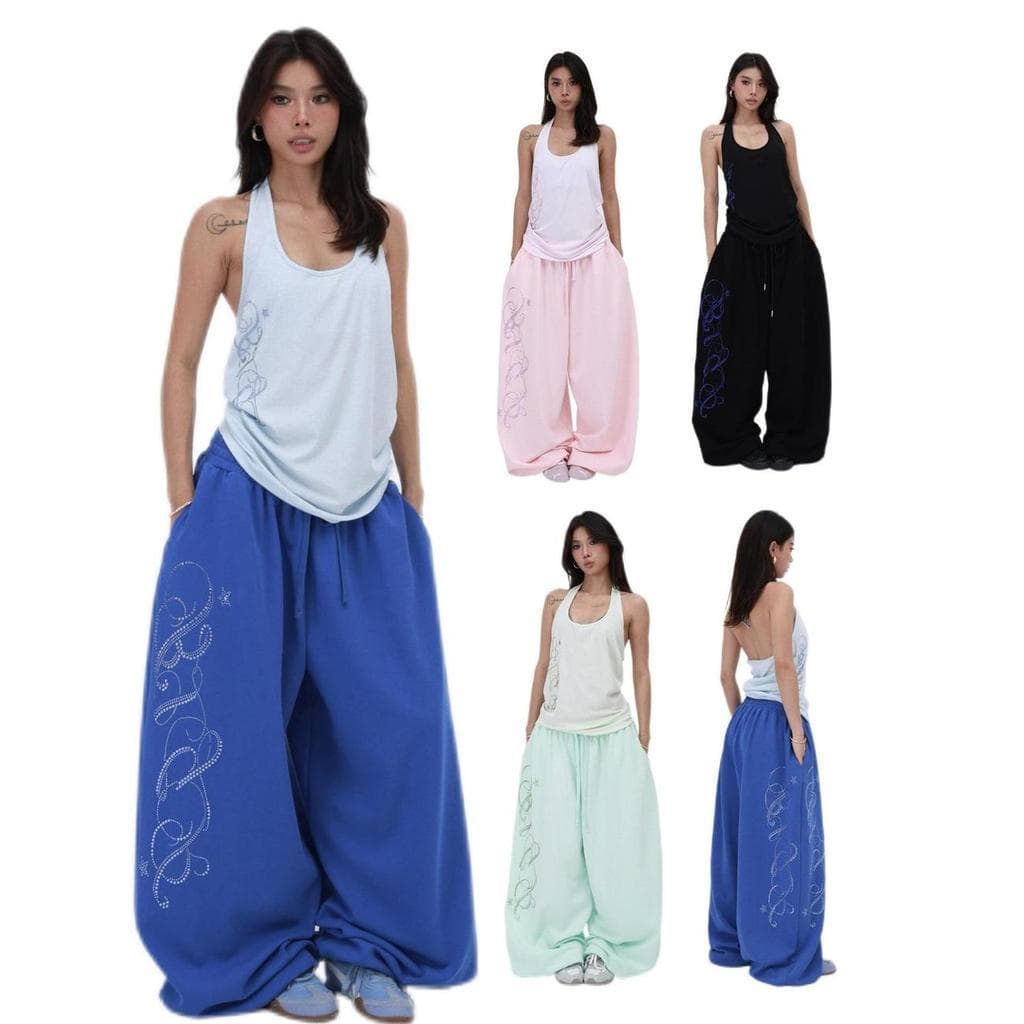 Estilo americano Hip-Hop estilo quente-stras calças esportivas femininas soltas calças de perna larga mais magro olhar t