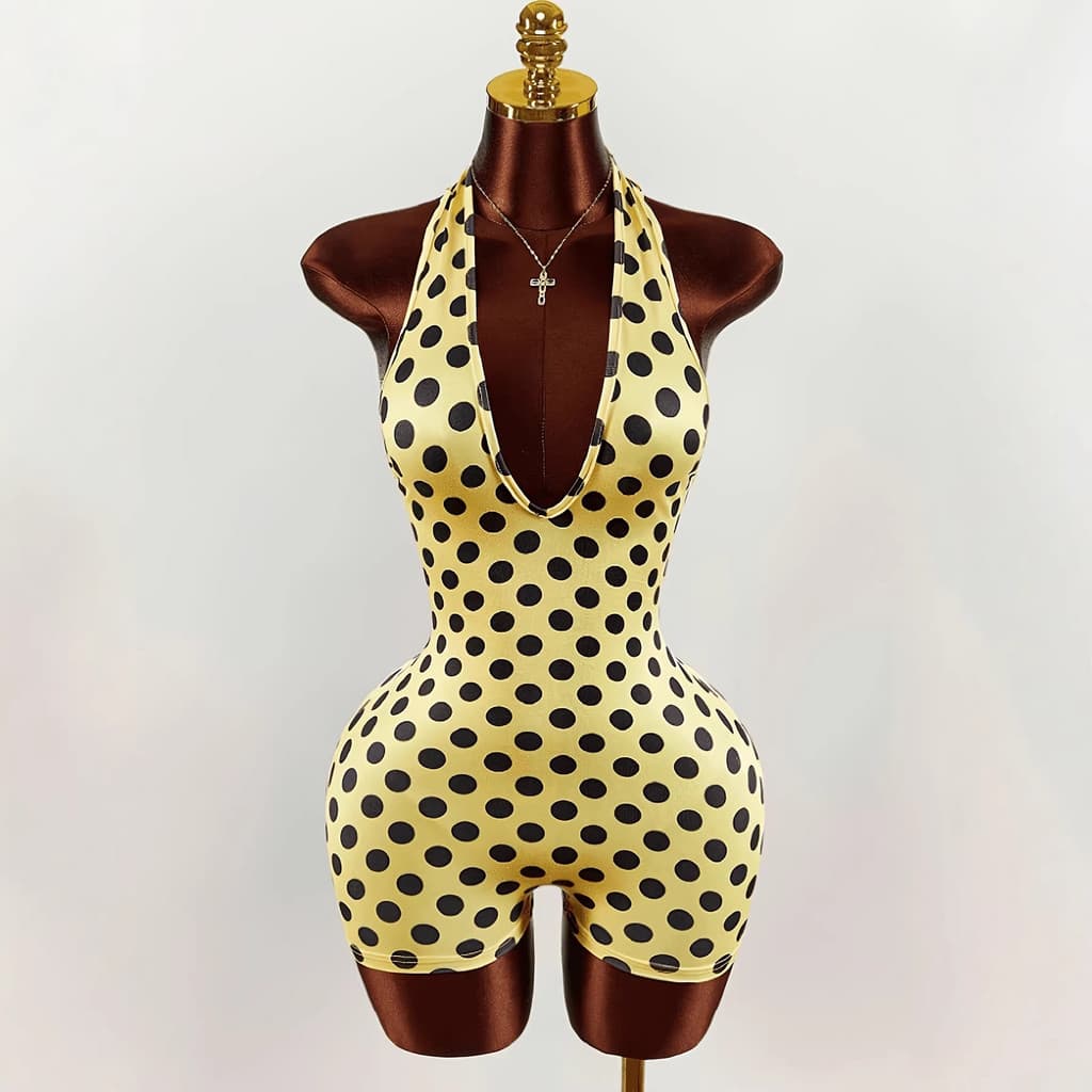 Macacão Popular de Primavera/Verão com Estampa de Bolinhas, Decote Halter, Costas Abertas e Ajuste Justo