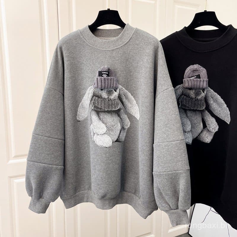 Versão coreana 2024 novo estilo solto Casual moletom feminino forro de lã engrossado feminino outono inverno tridimensio