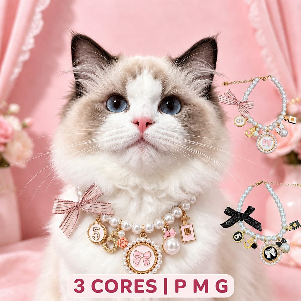 Coleira de Pérolas com Strass Ajustável para Cães e Gatos Pequenos – Colar Pet de Luxo P M G
