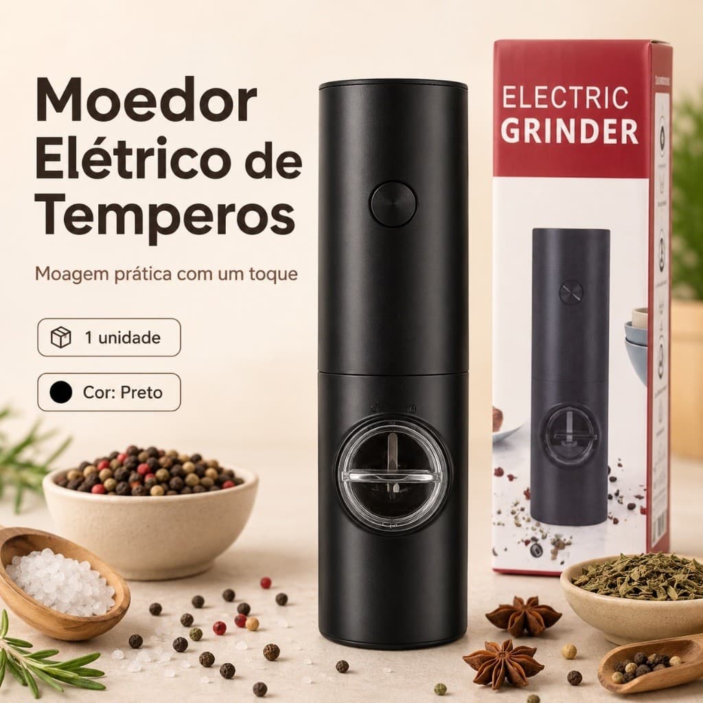 Moedor Elétrico de Pimenta e Temperos Ajustável a Pilhas Portátil para Sal Grosso e Especiarias Preto