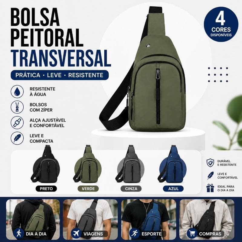 Bolsa Peitoral Transversal Masculina, Multifuncional, Alça Ajustável e Resistente à Água para Viagem