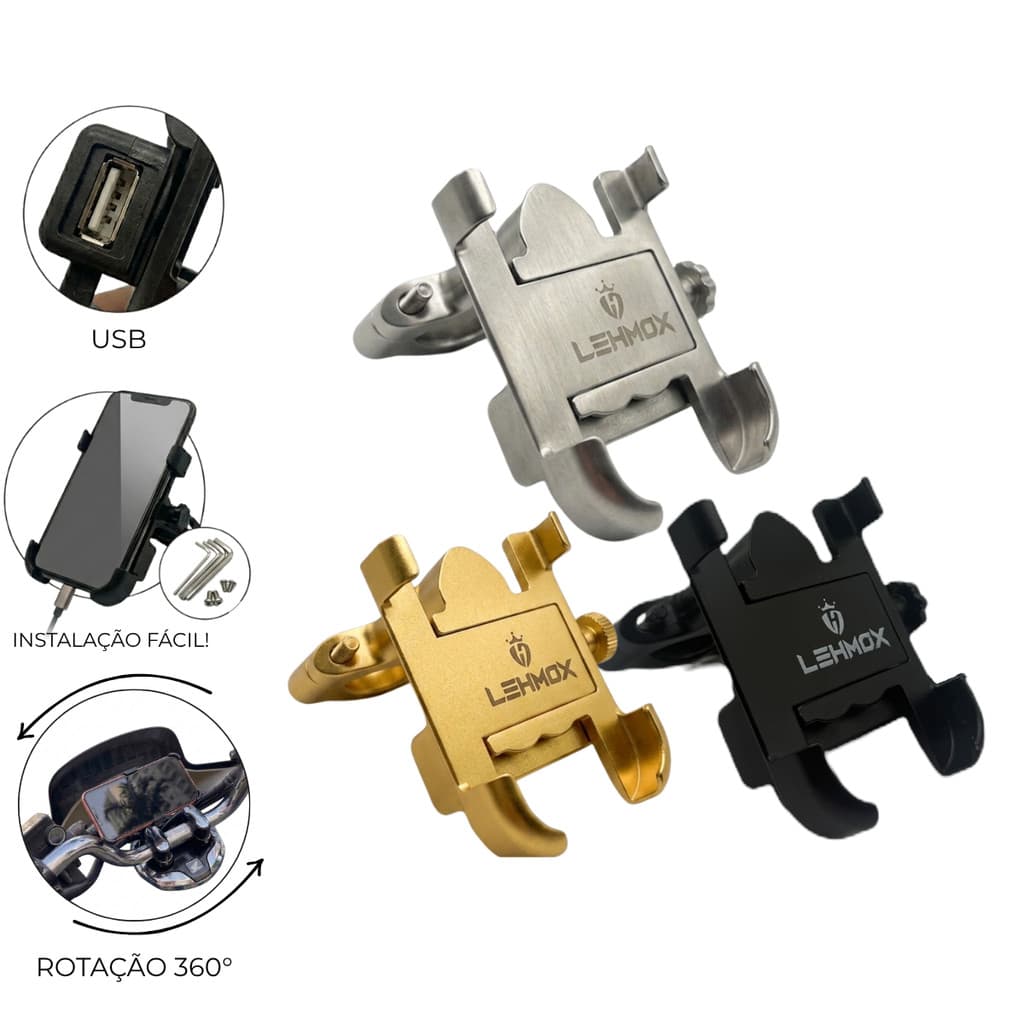 Suporte Celular Para Moto Com Carregador USB 360° Liga de Alumínio Ajustável Universa