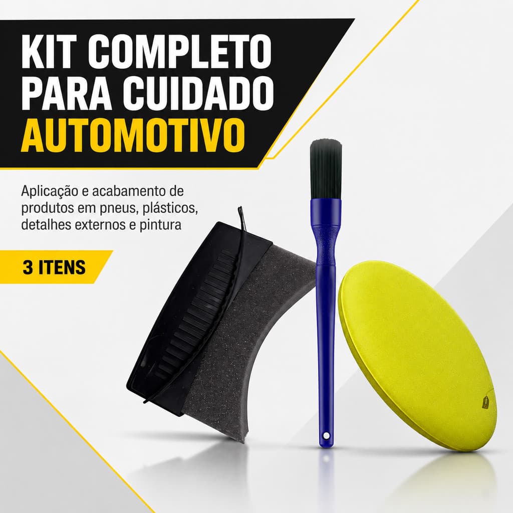 Kit 3 Aplicadores para Limpeza Automotiva Pincel Espuma Pretinho Pintura Pneus Plásticos Carro Moto