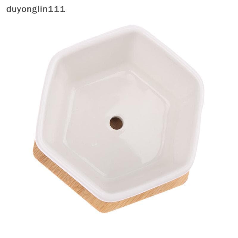 (duyonglin111) Vaso De Cerâmica Hexágono Branco Com Bandeja Flores Europeu Simples Recipiente De Plantas Pequenos Vasos