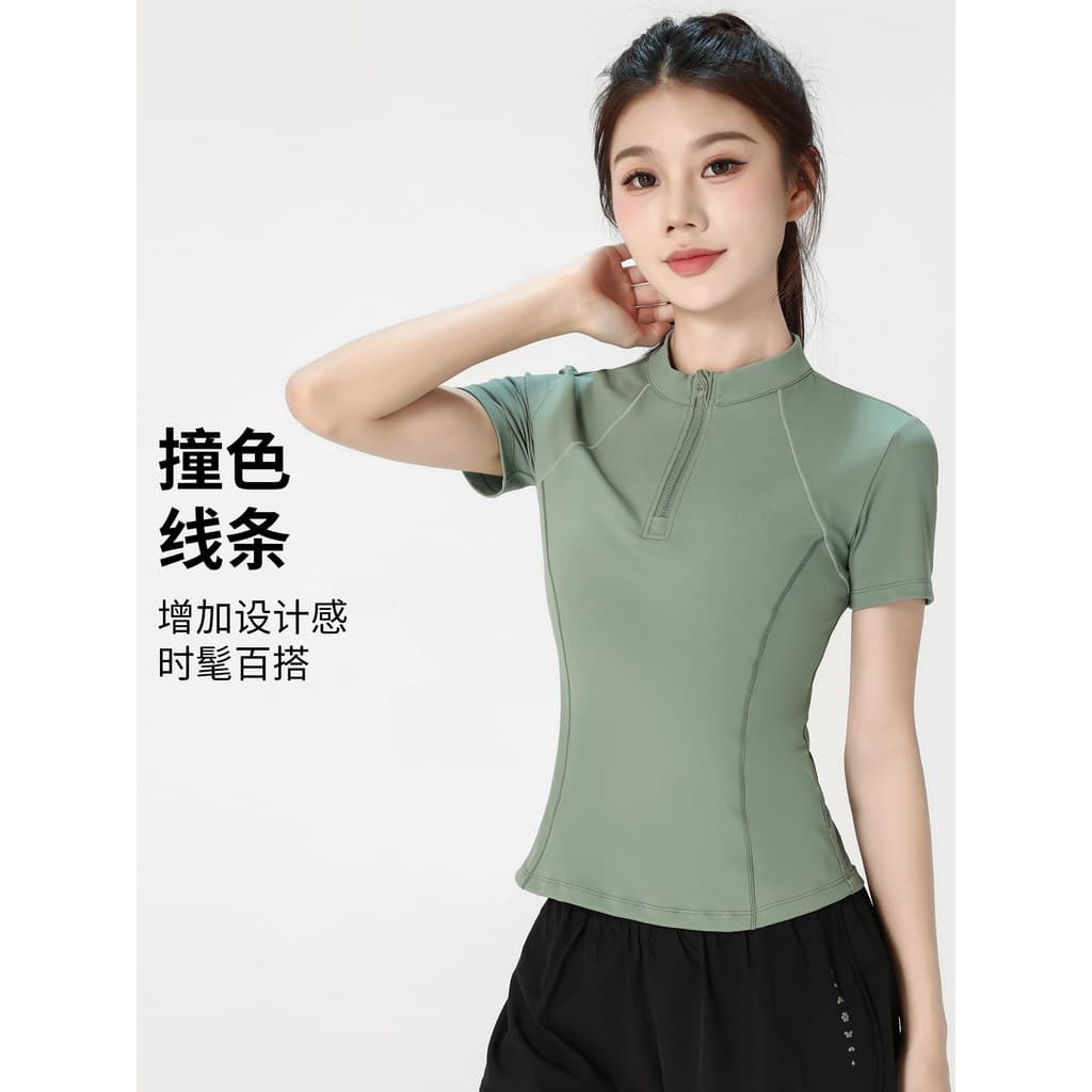 Correndo gaze roupas de Fitness feminino de manga curta Yoga topo meio zíper respirável esportes camiseta de secagem ráp