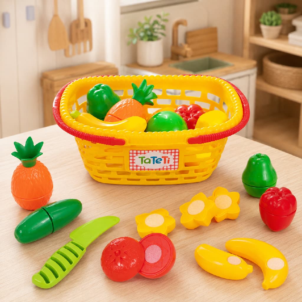 Cestinha Meu Hortifruti Tateti 9 Peças com 7 Frutas e Verduras Cortáveis Brinquedo de Cozinha Infantil +3 Anos