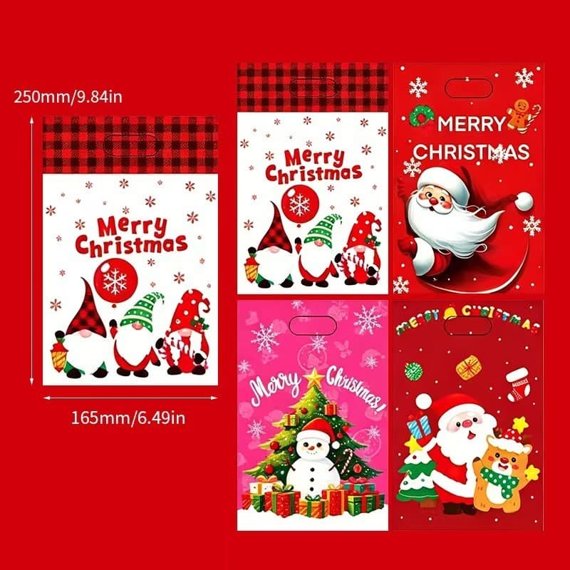 100 Sacolas de Presente de Natal 4 Estampas Sortidas - Sacola para Lembrancinha de Festa e Embalagem Natalina 25x16,5cm