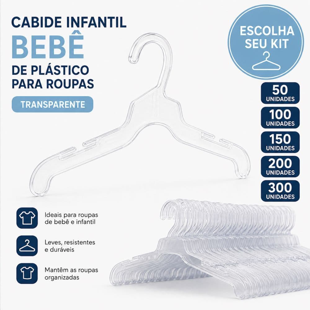 Cabide Infantil Bebê Plástico Transparente Kits 50 100 150 200 300 Unidades