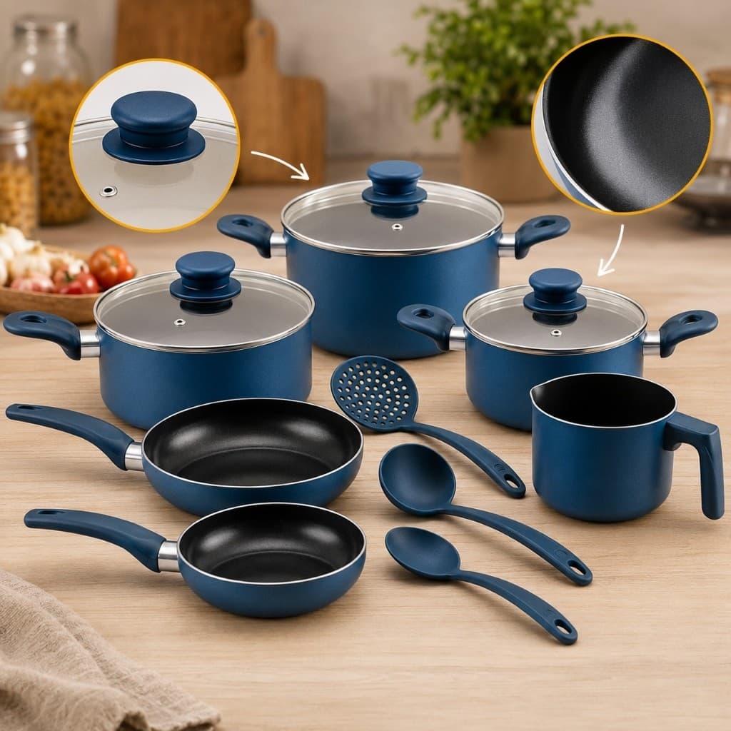 Jogo Panelas Antiaderente 9 Pecas Revestimento Duravel Azul Cozinha Completo