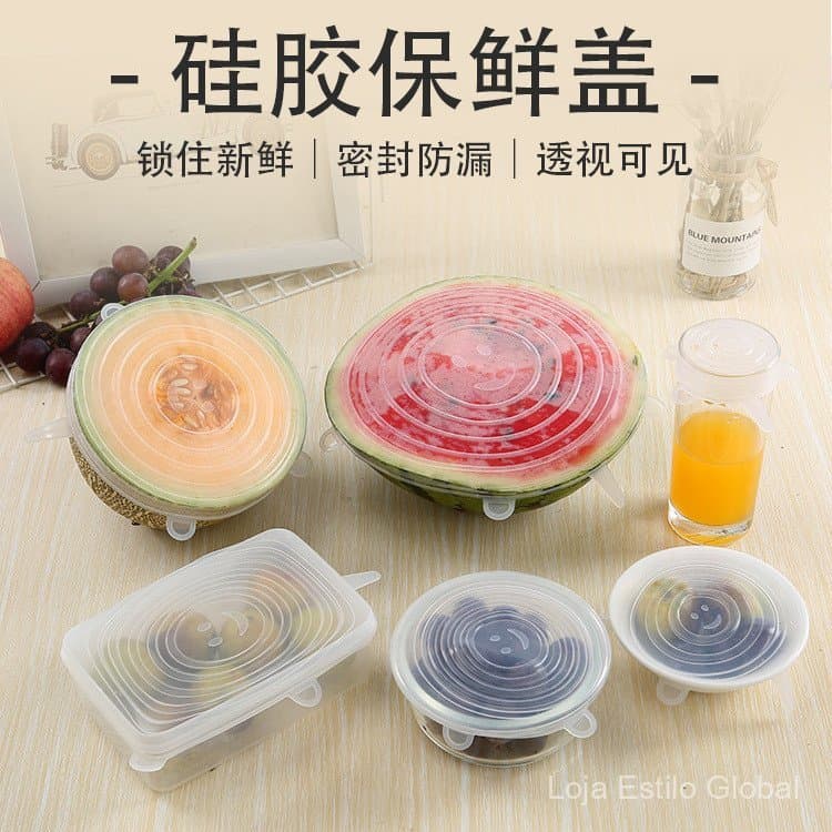 Conjunto de seis peças de tampas de silicone de qualidade alimentar para conservação de alimentos, tampas de vedação par