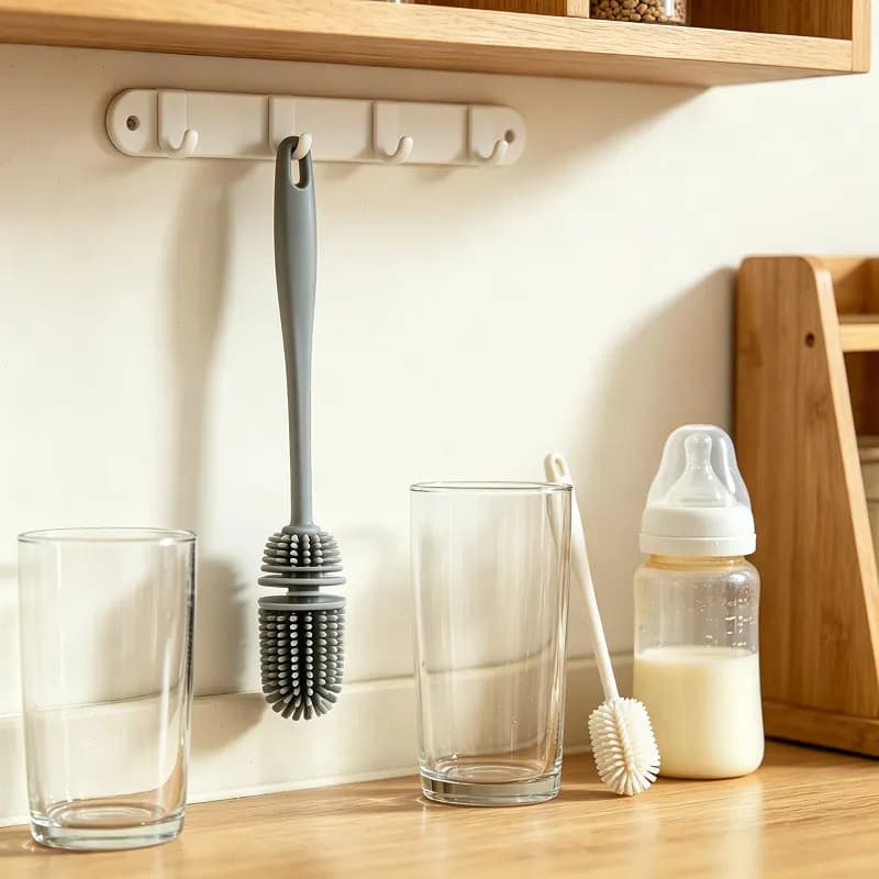 Escova de Limpeza de Silicone com Cabo Longo para Garrafas, Copos e Mamadeiras