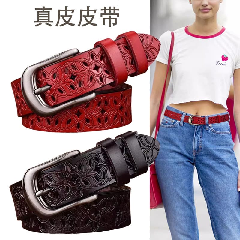 Cinto de couro retrô com Jeans feminino vermelho na moda All-Match oco cinto de Metal fivela Benming ano novo