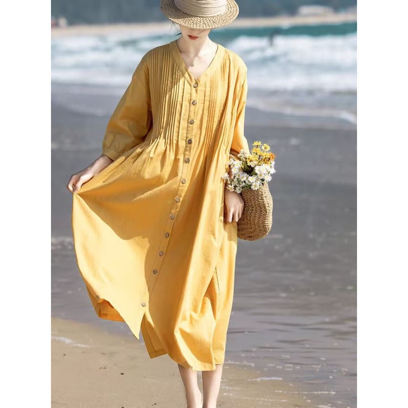Vestido de linho de algodão estilo literário, amarelo, branco, solto, decote em V, manga três quartos, cardigã longo, ve