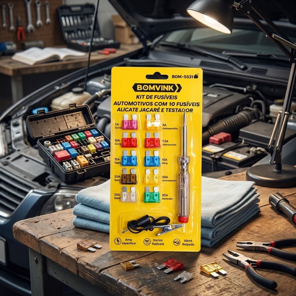 Fusíveis Proteção Elétrica Automotiva Carro Moto com Caneta Testadora 12V e Garra de Aterramento