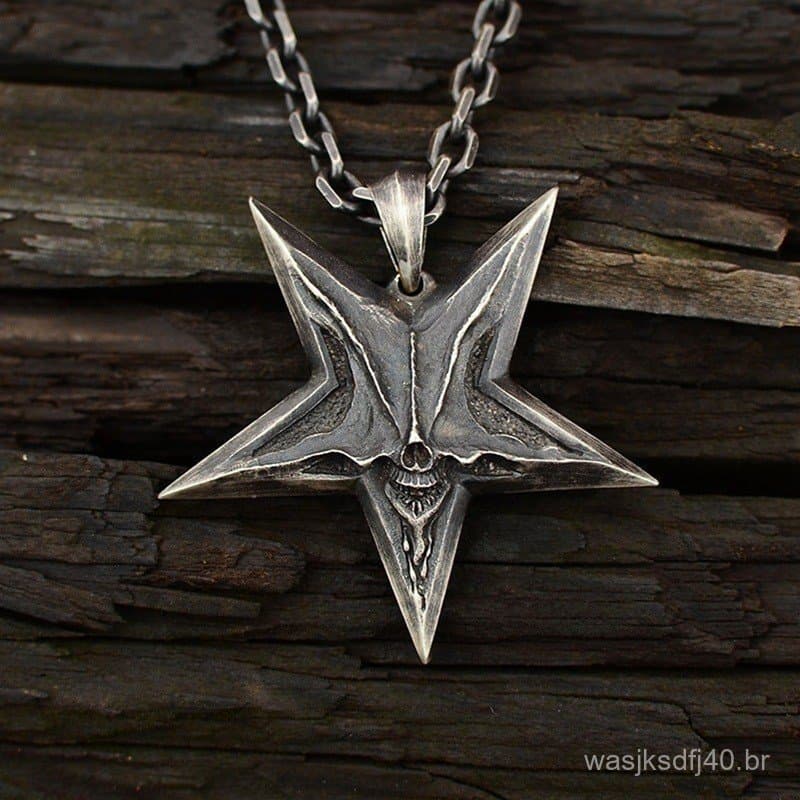Colar Vintage com Pingente de Crânio e Pentagrama Invertido de Satanás, Colar Punk Masculino com Estrela de Demônio