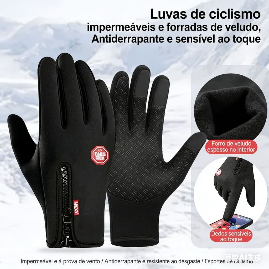Luvas de Ciclismo com Zíper - Impermeáveis, Antiderrapantes e Touchscreen