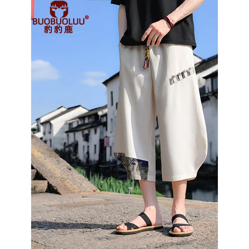 Calças casuais verão tamanho grande masculino estilo chinês fino calças de perna larga casual solto algodão linho Shorts