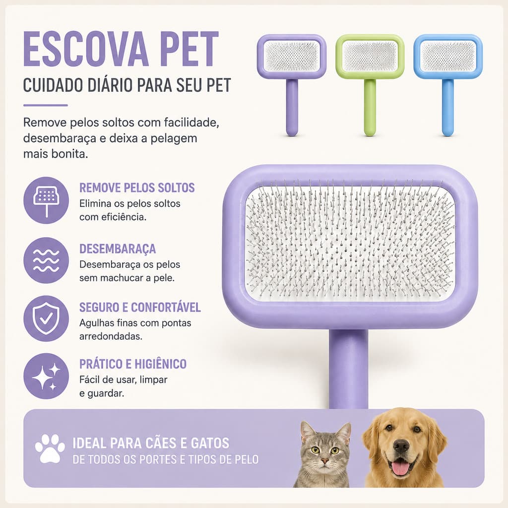 Escova Pet para Cães e Gatos – Removedora de Pelos com Cerdas Finas e Cabo Confortável