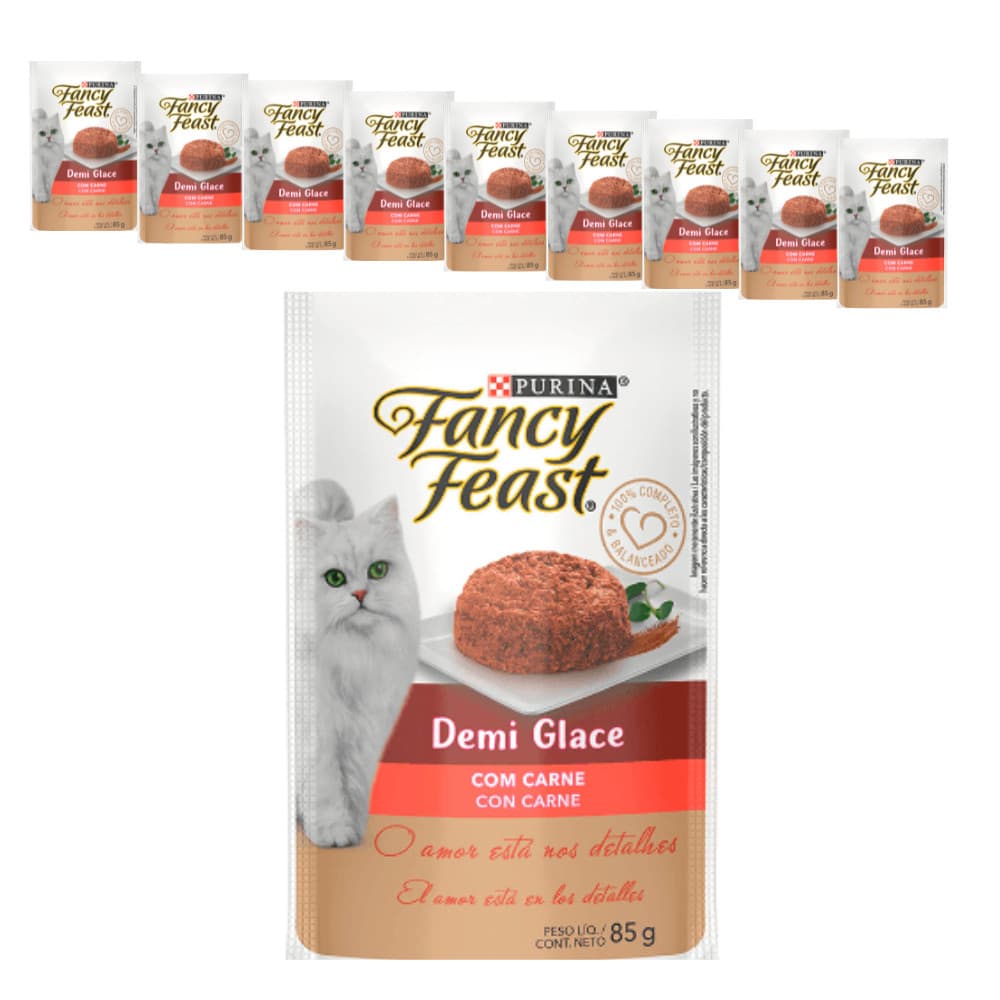 Ração Úmida Fancy Feast Sachê Demi Glace para Gatos Adultos sabor Carne 85g - KIT 10 unids.