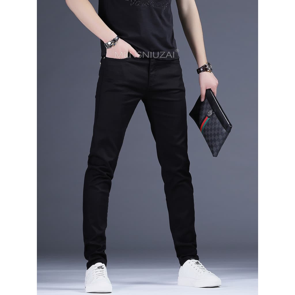Calças de rua masculinas, calças de brim pretas, Slim fit, calças justas, elásticas, masculinas da moda, cintura média