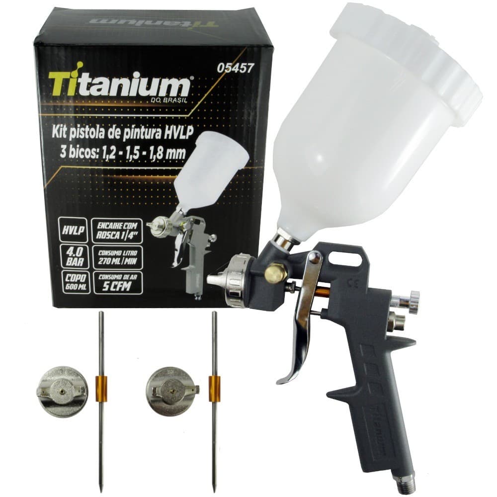 Pistola de pintura HVLP tipo gravidade com 3 bicos 1,2 / 1,5 e 1,8mm - 05457 Titanium