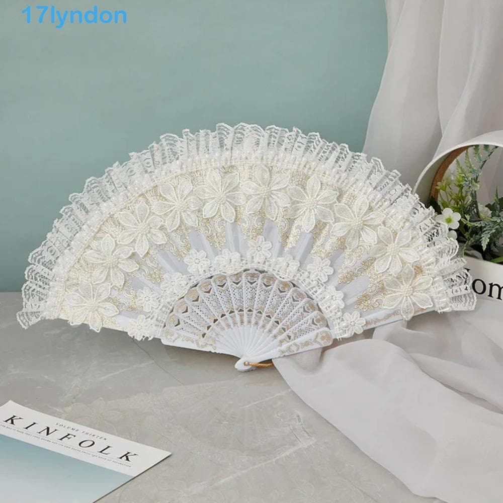 Leque de mão de renda Lolita LYNDON, dobrável, portátil, branco, com cabo de plástico, estilo vintage de palácio, leque