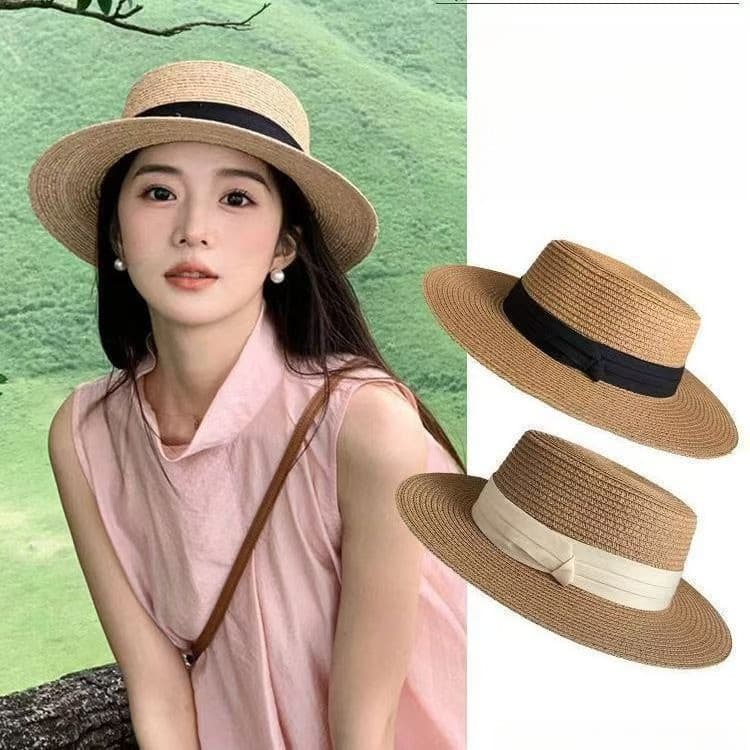 Hepburn estilo francês chapéu de palha plana feminino verão aba grande guarda-sol chapéu de sol férias à beira-mar praia