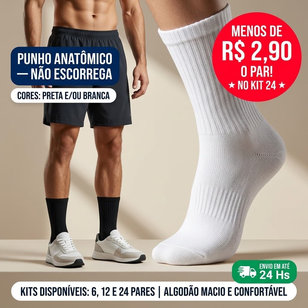 Kit 6 12 24 Meias Cano Médio Algodão Masculina Feminina Branca Preta Sortida Academia Chega Perfumada J&F