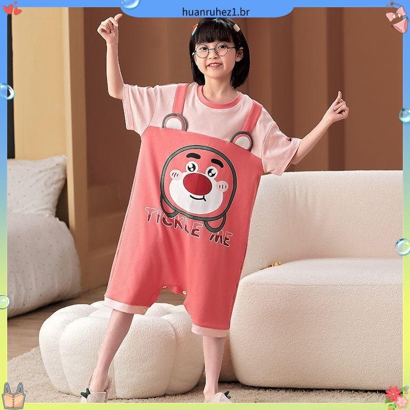 2 026 novo estilo meninas pijamas de uma peça crianças verão puro algodão fino de manga curta menina bebê roupas para ca