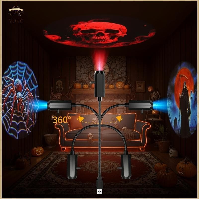 YUKE USB Luz Do Projetor De Halloween 6 Padrões De Terror Rotativos Lâmpada Atmosfera LED Para A Escola Decoração Evento