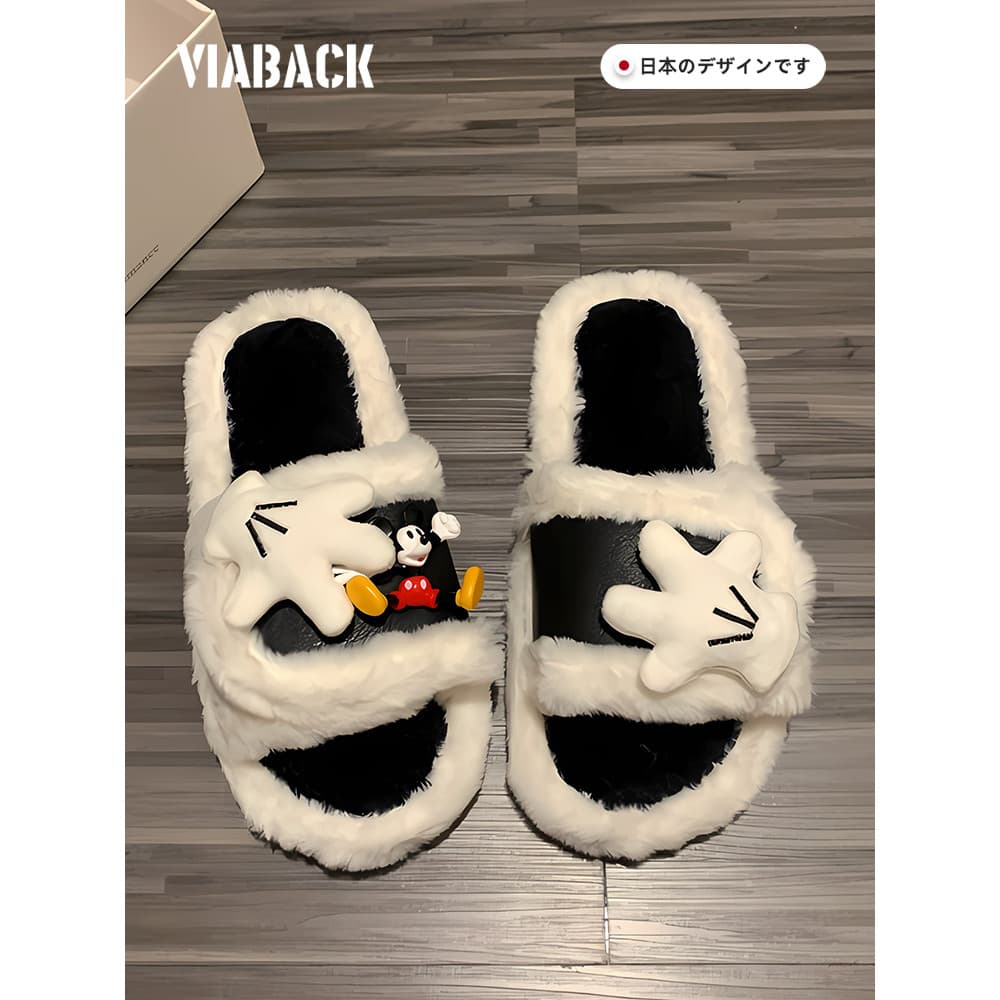 Pode usar fora do esfregão de algodão doméstico!2025 outono inverno novo estilo Mickey dedo do pé aberto chinelos peludo