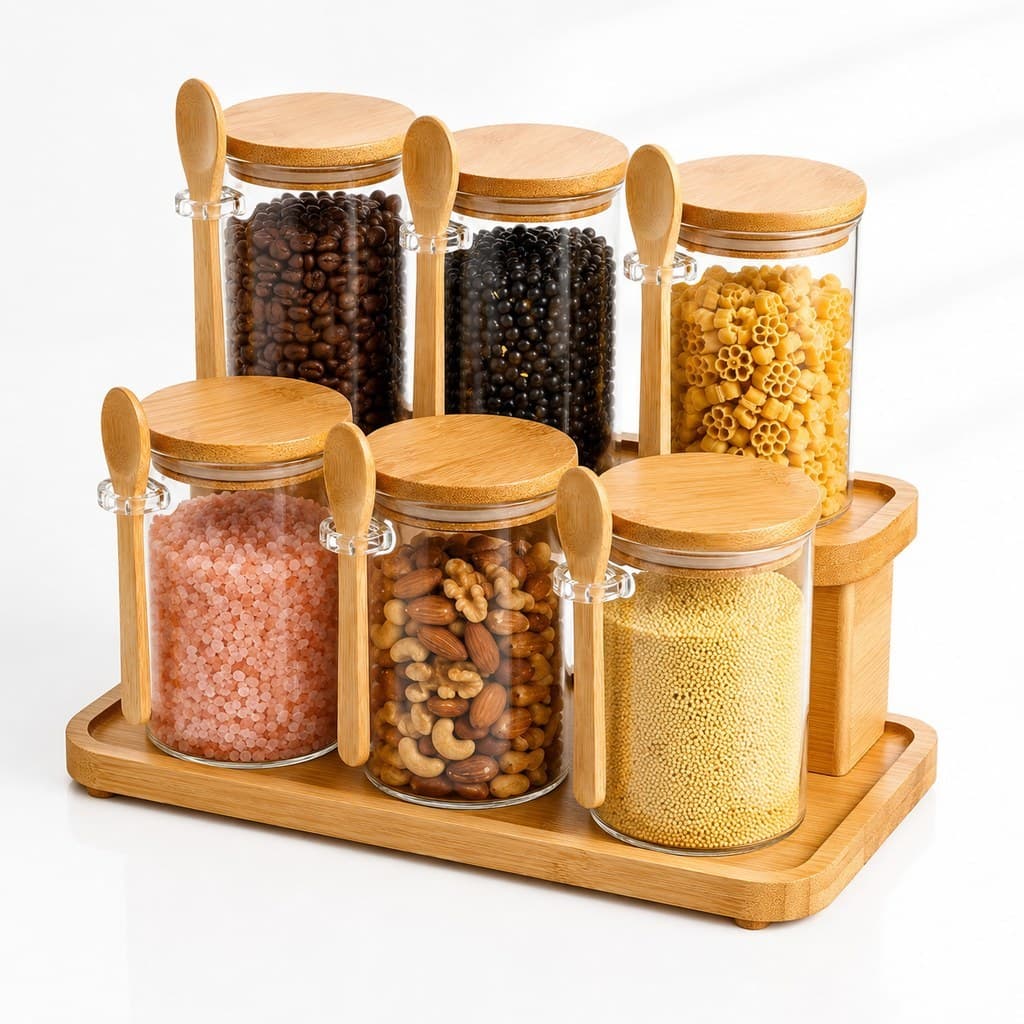 Kit 6 Potes Vidro 250ml Herméticos com Colher Tampa Bambu Porta Temperos Condimentos Organizador Cozinha