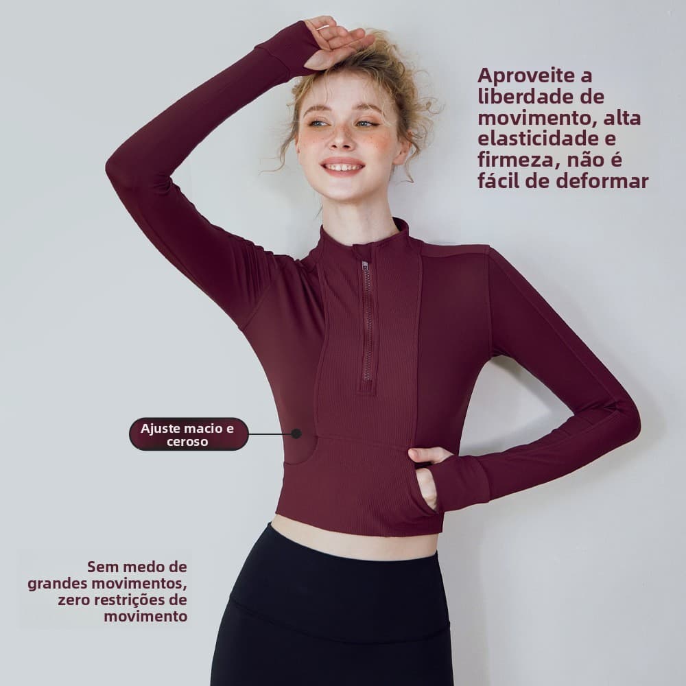 Jaqueta de Yoga com Zíper, Cintura Afinada, Gola Alta, Roupas de Fitness de Manga Longa