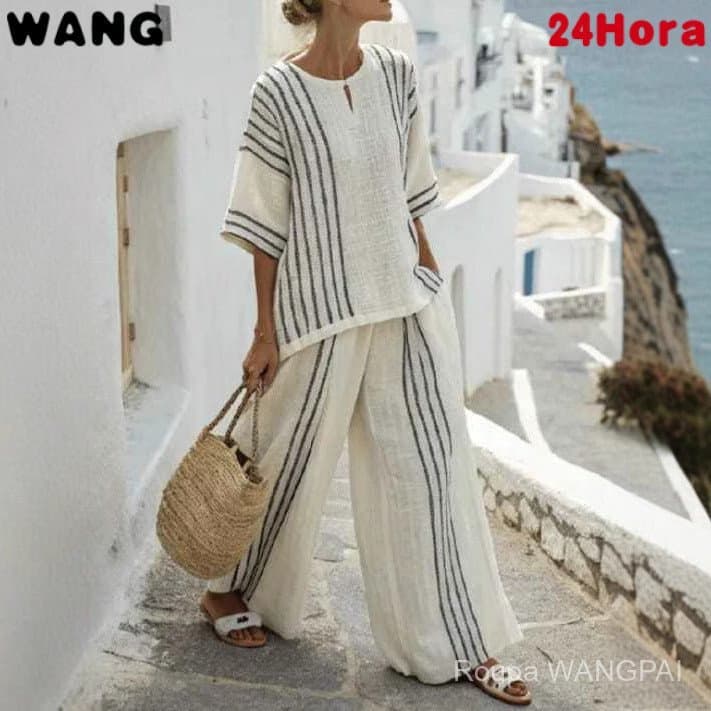 Conjunto de Duas Peças Feminino: Blusa de Linho e Algodão de Manga Curta, Gola Redonda e Listras + Calças de Perna Reta